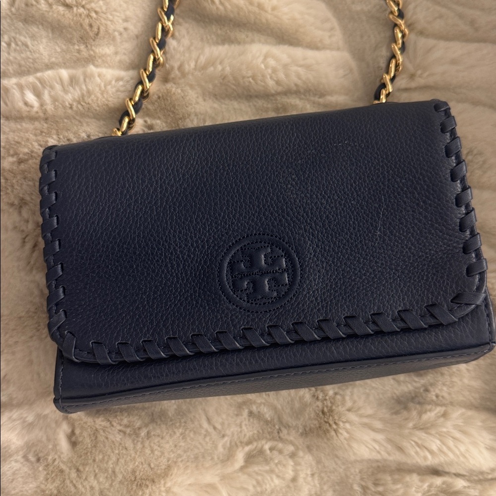 Tory Burch Blue Leather Marion Crossbody Bag small size navy blue